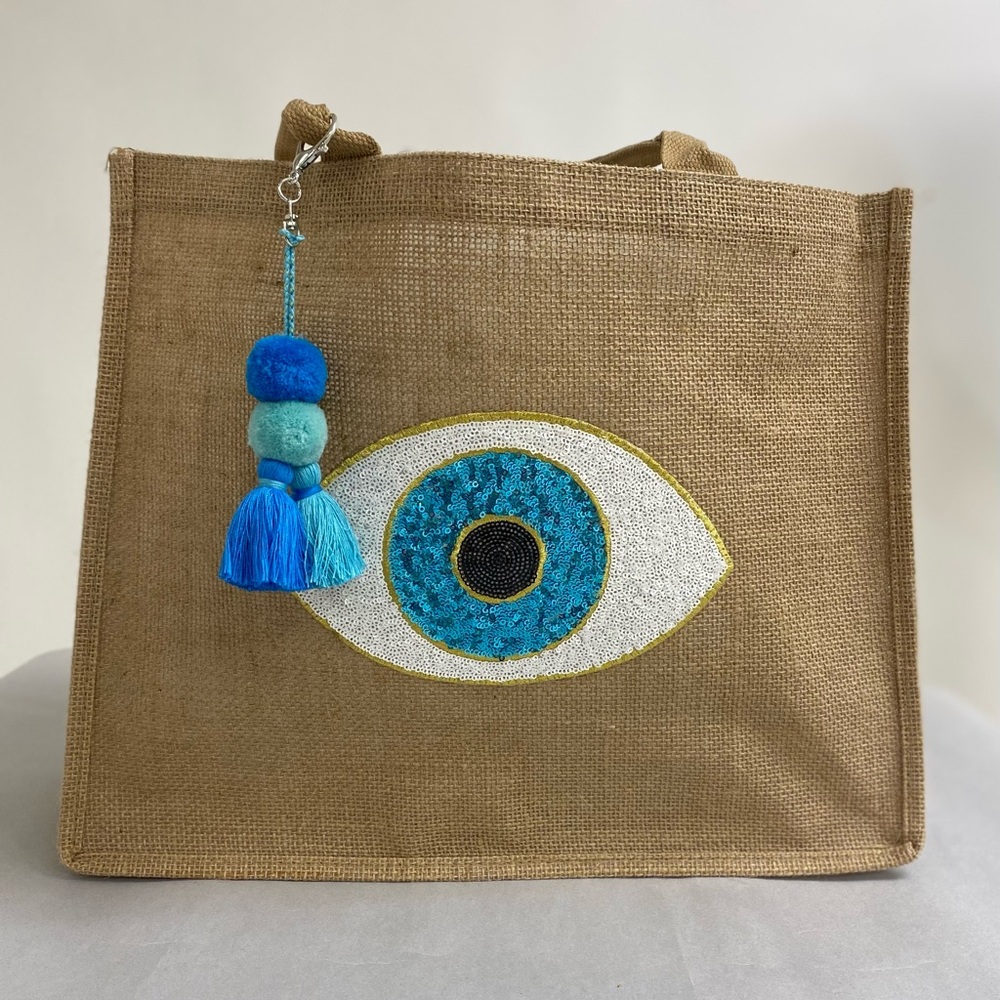 Sequin Evil Eye Beach Tote Bag with Tassel